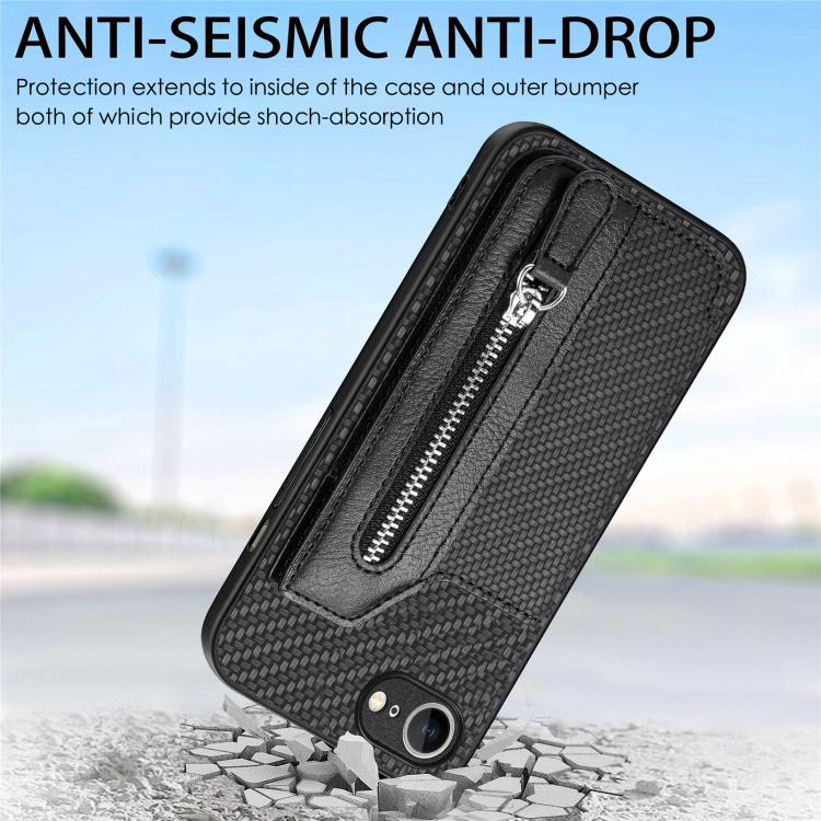 Carbon Fiber Horizontal Flip Zipper Wallet Phone Case, For iPhone 17e / 16e, For iPhone 16 Pro Max, For iPhone 16 Pro, For iPhone 16 Plus