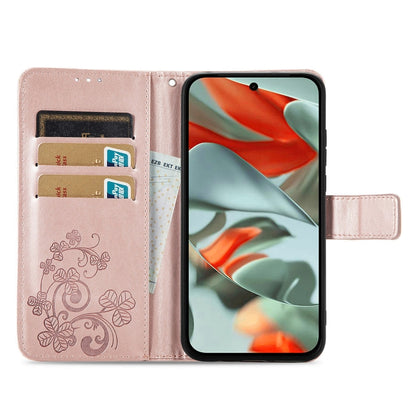Four-leaf Clasp Embossed Buckle Leather Phone Case, For Google Pixel 9 Pro XL, For Google Pixel 9, For Google Pixel 8a, For Google Pixel 8 Pro