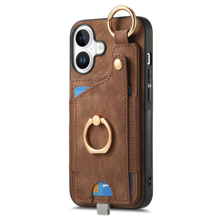 Retro Skin-feel Ring Card Bag Phone Case with Hang Loop, For iPhone 16, For iPhone 15 Pro Max, For iPhone 15 Pro, For iPhone 15 Plus