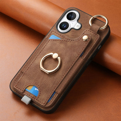Retro Skin-feel Ring Card Bag Phone Case with Hang Loop, For iPhone 16, For iPhone 15 Pro Max, For iPhone 15 Pro, For iPhone 15 Plus