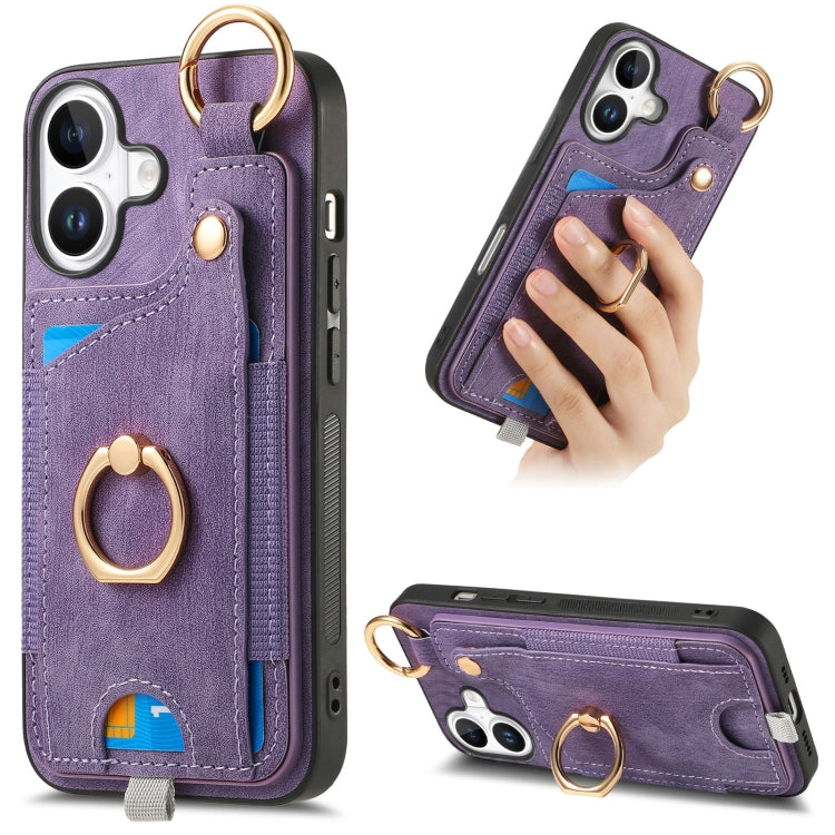 Retro Skin-feel Ring Card Bag Phone Case with Hang Loop, For iPhone 16, For iPhone 15 Pro Max, For iPhone 15 Pro, For iPhone 15 Plus
