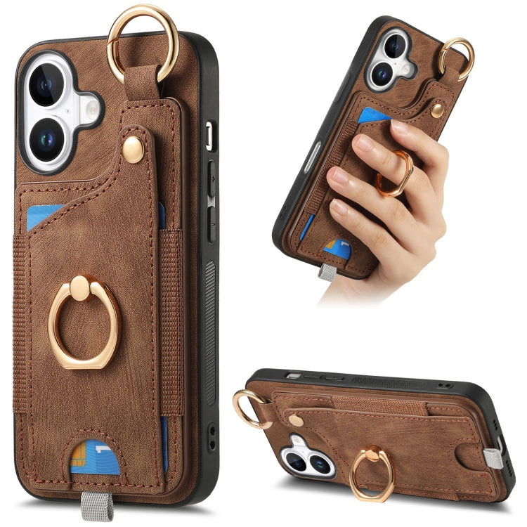 Retro Skin-feel Ring Card Bag Phone Case with Hang Loop, For iPhone 17e / 16e, For iPhone 16 Pro Max, For iPhone 16 Pro, For iPhone 16 Plus