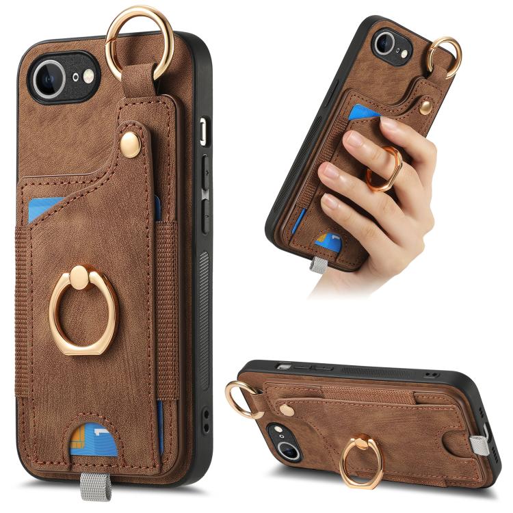 Retro Skin-feel Ring Card Bag Phone Case with Hang Loop, For iPhone 17e / 16e, For iPhone 16 Pro Max, For iPhone 16 Pro, For iPhone 16 Plus