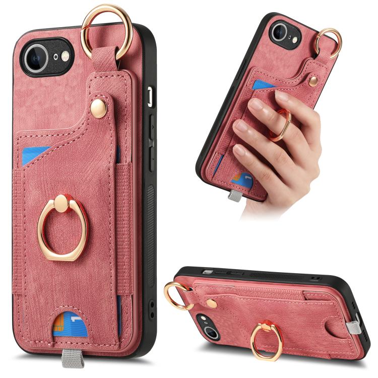 Retro Skin-feel Ring Card Bag Phone Case with Hang Loop, For iPhone 17e / 16e, For iPhone 16 Pro Max, For iPhone 16 Pro, For iPhone 16 Plus