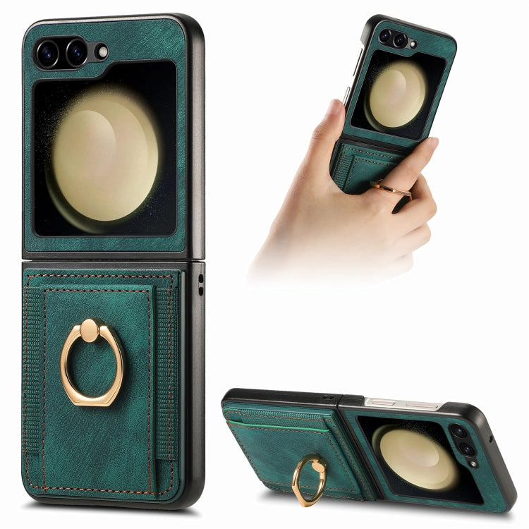 Retro Skin-feel Ring Card Bag Phone Case, For Galaxy Z Flip8 5G, For Galaxy Z Flip7 5G, For Galaxy Z Flip6, For Galaxy Z Flip5