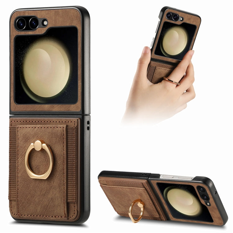 Retro Skin-feel Ring Card Bag Phone Case, For Galaxy Z Flip8 5G, For Galaxy Z Flip7 5G, For Galaxy Z Flip6, For Galaxy Z Flip5