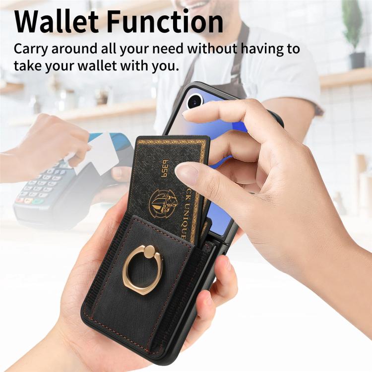 Retro Skin-feel Ring Card Bag Phone Case, For Samsung Galaxy Z Flip7 5G, For Samsung Galaxy Z Flip6 / Flip7 FE, For Samsung Galaxy Z Flip5, For Samsung Galaxy Z Flip4