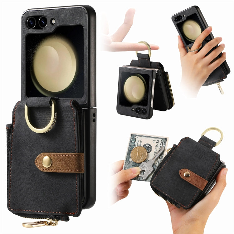 Retro Ring Vertical Zipper Wallet Phone Case, For Galaxy Z Flip8 5G, For Galaxy Z Flip7 5G, For Galaxy Z Flip6