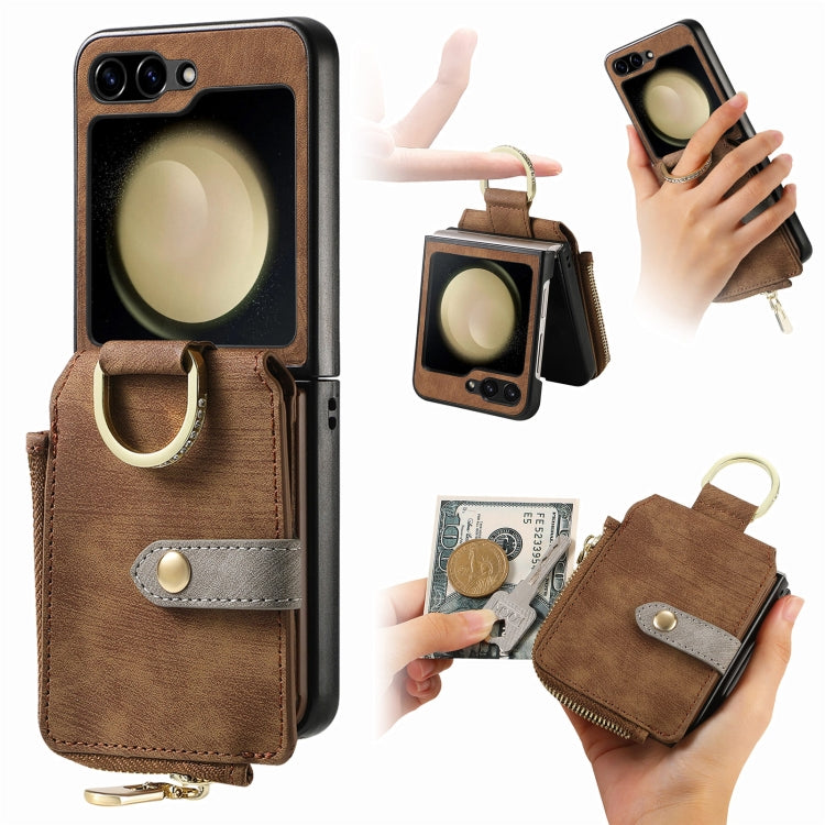 Retro Ring Vertical Zipper Wallet Phone Case, For Galaxy Z Flip8 5G, For Galaxy Z Flip7 5G, For Galaxy Z Flip6