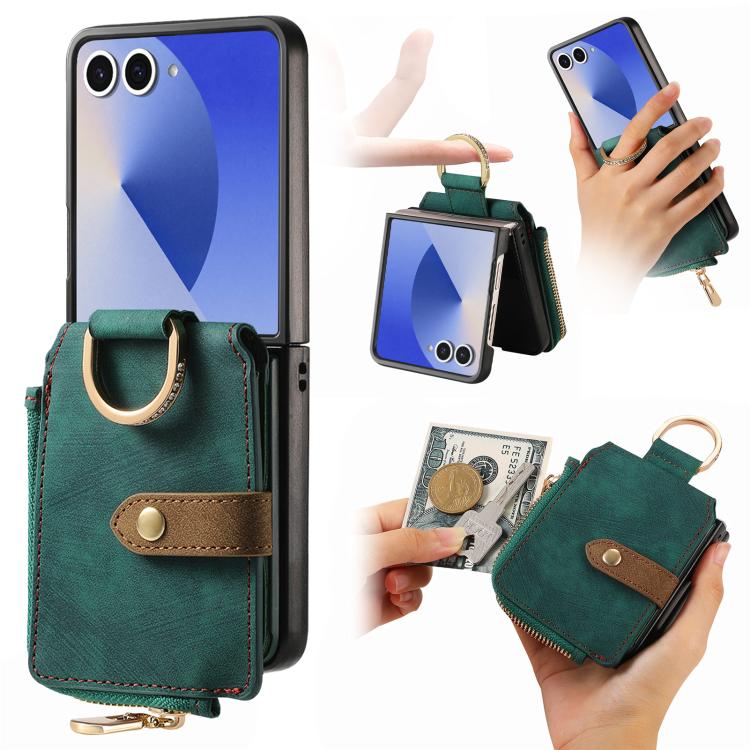 Retro Ring Vertical Zipper Wallet Phone Case, For Galaxy Z Flip8 5G, For Galaxy Z Flip7 5G, For Galaxy Z Flip6