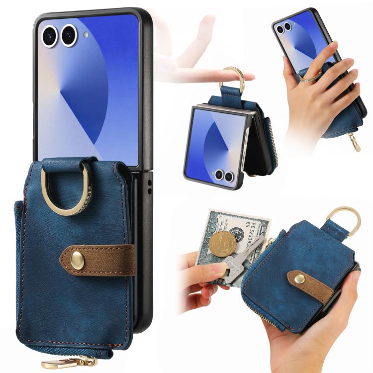 Retro Ring Vertical Zipper Wallet Phone Case, For Galaxy Z Flip8 5G, For Galaxy Z Flip7 5G, For Galaxy Z Flip6