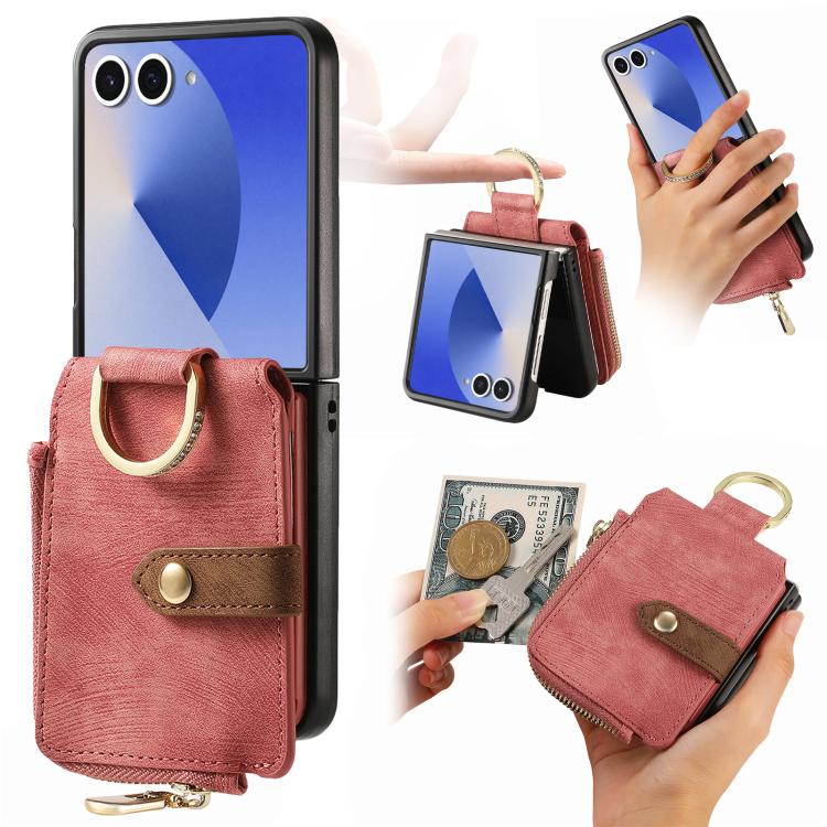 Retro Ring Vertical Zipper Wallet Phone Case, For Galaxy Z Flip8 5G, For Galaxy Z Flip7 5G, For Galaxy Z Flip6