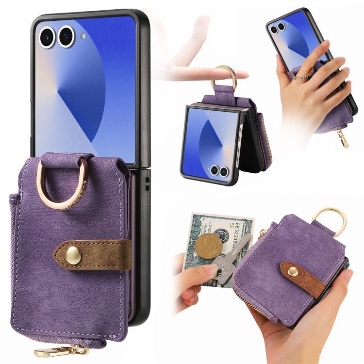 Retro Ring Vertical Zipper Wallet Phone Case, For Galaxy Z Flip8 5G, For Galaxy Z Flip7 5G, For Galaxy Z Flip6