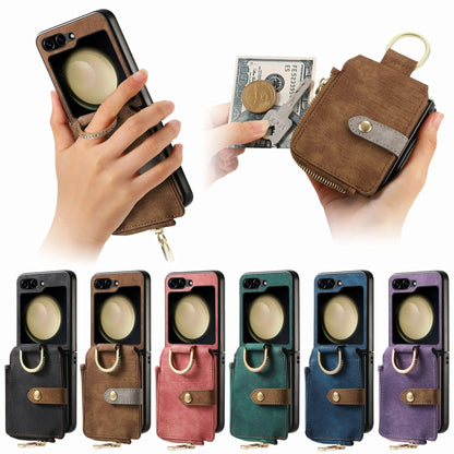 Retro Ring Vertical Zipper Wallet Phone Case, For Galaxy Z Flip8 5G, For Galaxy Z Flip7 5G, For Galaxy Z Flip6