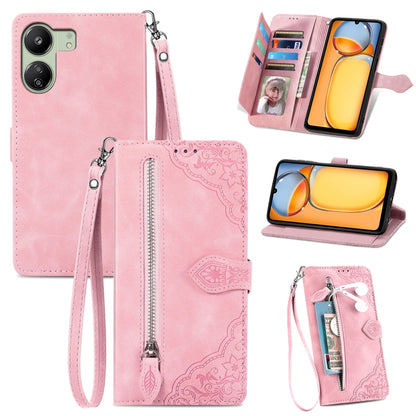 Embossed Flower Zipper Leather Phone Case, For Xiaomi 14 Pro, For Xiaomi 14, For Xiaomi Redmi 13C, For Redmi 15C 5G / 4G Glodal 171mm