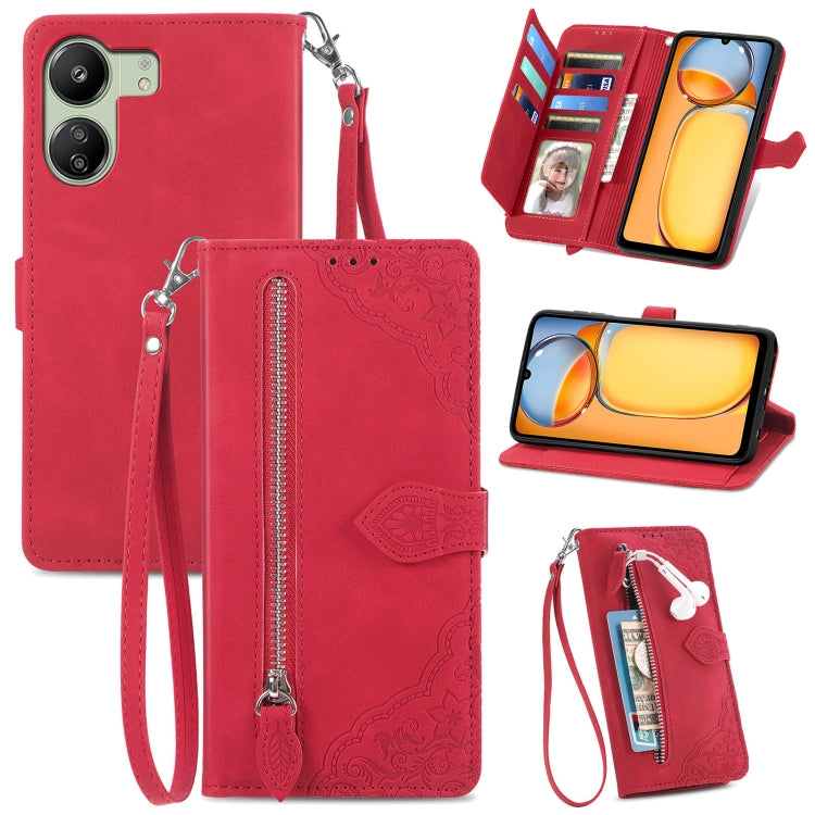 Embossed Flower Zipper Leather Phone Case, For Xiaomi 14 Pro, For Xiaomi 14, For Xiaomi Redmi 13C, For Redmi 15C 5G / 4G Glodal 171mm