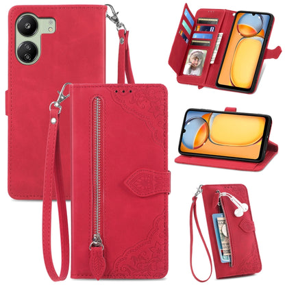 Embossed Flower Zipper Leather Phone Case, For Xiaomi 14 Pro, For Xiaomi 14, For Xiaomi Redmi 13C, For Redmi 15C 5G / 4G Glodal 171mm