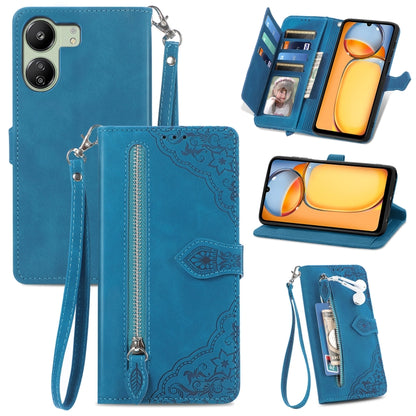 Embossed Flower Zipper Leather Phone Case, For Xiaomi 14 Pro, For Xiaomi 14, For Xiaomi Redmi 13C, For Redmi 15C 5G / 4G Glodal 171mm