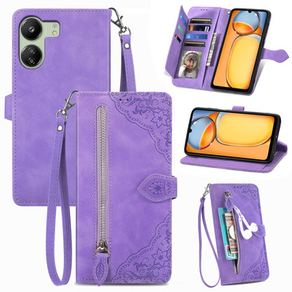 Embossed Flower Zipper Leather Phone Case, For Xiaomi 14 Pro, For Xiaomi 14, For Xiaomi Redmi 13C, For Redmi 15C 5G / 4G Glodal 171mm