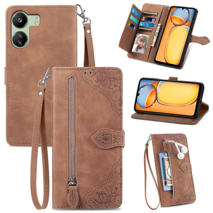 Embossed Flower Zipper Leather Phone Case, For Xiaomi 14 Pro, For Xiaomi 14, For Xiaomi Redmi 13C, For Redmi 15C 5G / 4G Glodal 171mm