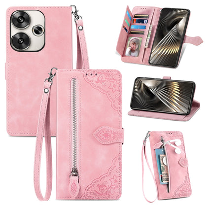 Embossed Flower Zipper Leather Phone Case, For Xiaomi Redmi Note 14 Pro+ 5G, For Xiaomi Redmi Note 14 Pro 5G, For Xiaomi Redmi 13 4G, For Xiaomi Redmi Turbo 3 5G