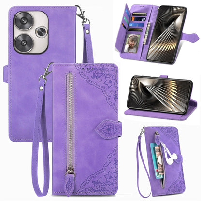 Embossed Flower Zipper Leather Phone Case, For Xiaomi Redmi Note 14 Pro+ 5G, For Xiaomi Redmi Note 14 Pro 5G, For Xiaomi Redmi 13 4G, For Xiaomi Redmi Turbo 3 5G