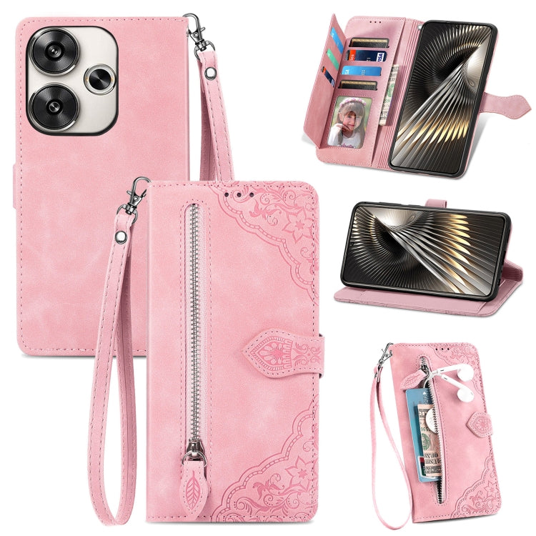 Embossed Flower Zipper Leather Phone Case, For Xiaomi Redmi Note 14 Pro+ 5G, For Xiaomi Redmi Note 14 Pro 5G, For Xiaomi Redmi 13 4G, For Xiaomi Redmi Turbo 3 5G