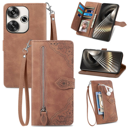 Embossed Flower Zipper Leather Phone Case, For Xiaomi Redmi Note 14 Pro+ 5G, For Xiaomi Redmi Note 14 Pro 5G, For Xiaomi Redmi 13 4G, For Xiaomi Redmi Turbo 3 5G