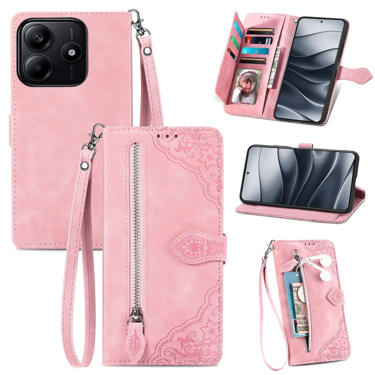 Embossed Flower Zipper Leather Phone Case, For Xiaomi Poco X7 Pro, For Xiaomi 15 Pro, For Xiaomi 15, For Xiaomi Redmi Note 14 5G