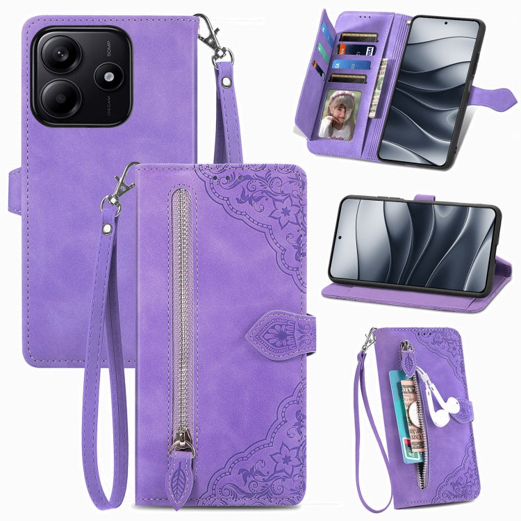 Embossed Flower Zipper Leather Phone Case, For Xiaomi Poco X7 Pro, For Xiaomi 15 Pro, For Xiaomi 15, For Xiaomi Redmi Note 14 5G