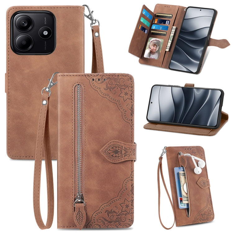 Embossed Flower Zipper Leather Phone Case, For Xiaomi Poco X7 Pro, For Xiaomi 15 Pro, For Xiaomi 15, For Xiaomi Redmi Note 14 5G