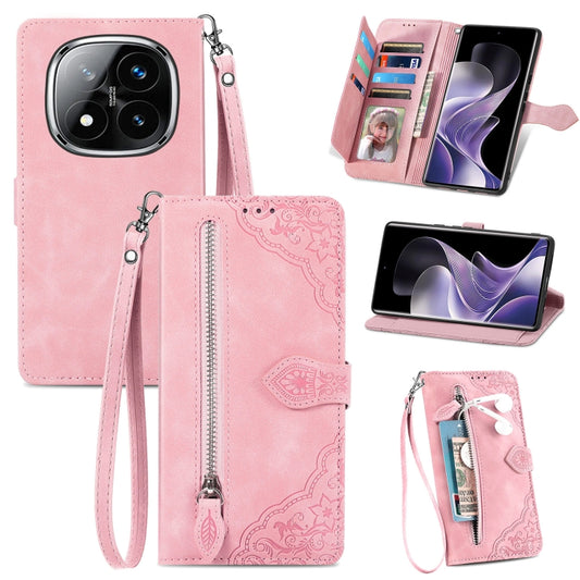Embossed Flower Zipper Leather Phone Case, For Xiaomi Redmi Note 14 Pro+ 5G, For Xiaomi Redmi Note 14 Pro 5G, For Xiaomi Redmi 13 4G, For Xiaomi Redmi Turbo 3 5G