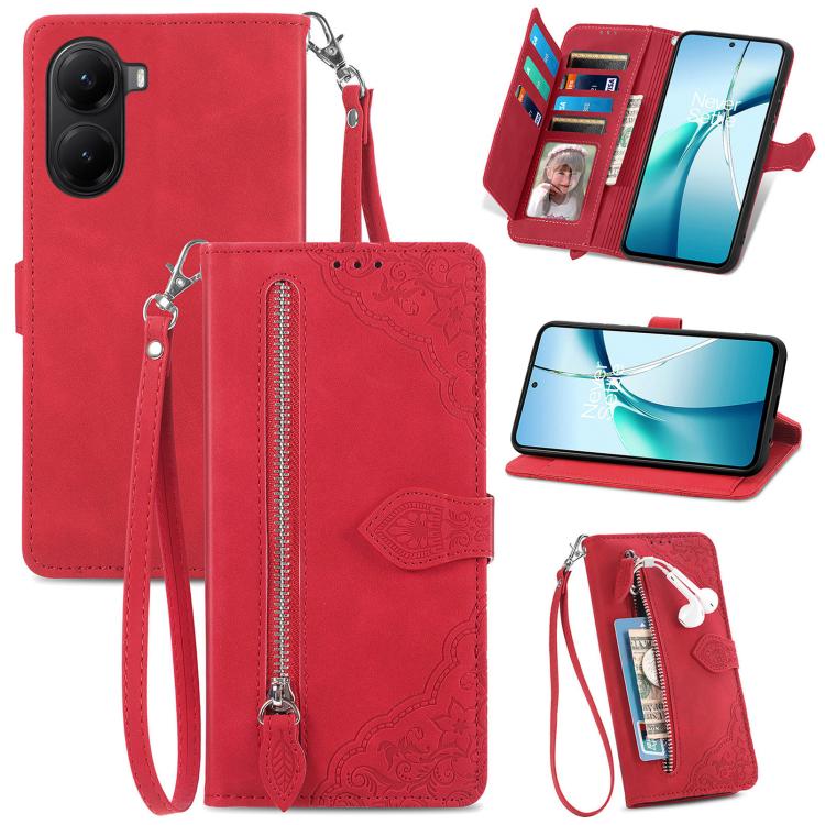 Embossed Flower Zipper Leather Phone Case