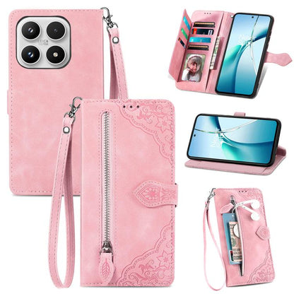 Embossed Flower Zipper Leather Phone Case, For Xiaomi 17 Pro Max, For Xiaomi 17 Pro, For Xiaomi 17, For Xiaomi Poco M7 4G 169mm
