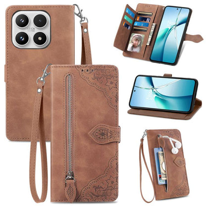 Embossed Flower Zipper Leather Phone Case, For Xiaomi 17 Pro Max, For Xiaomi 17 Pro, For Xiaomi 17, For Xiaomi Poco M7 4G 169mm