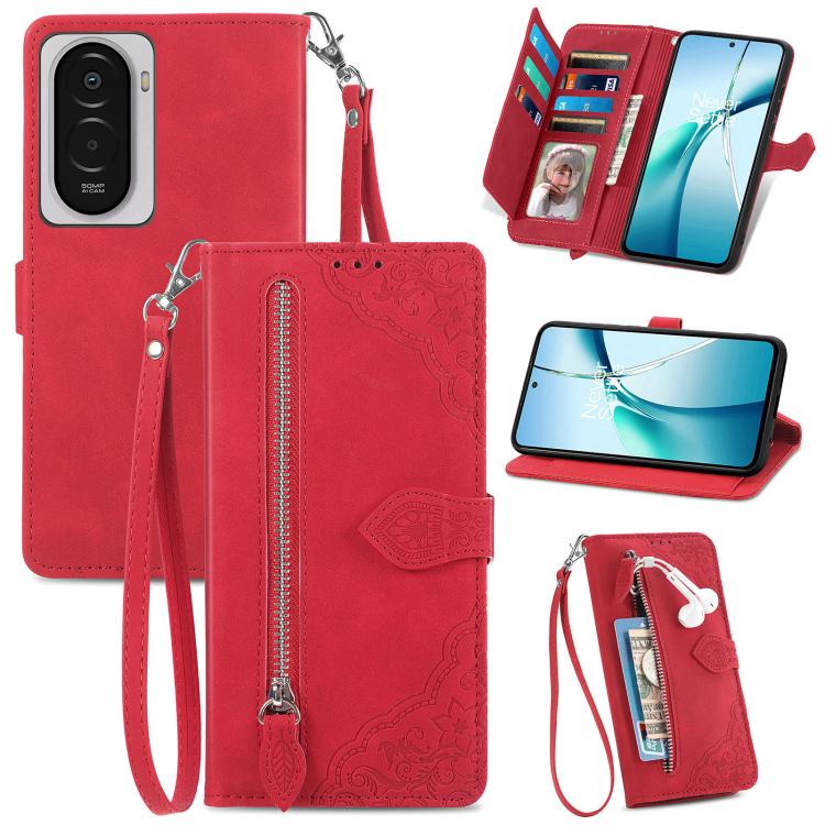 Embossed Flower Zipper Leather Phone Case, For Xiaomi 17 Pro Max, For Xiaomi 17 Pro, For Xiaomi 17, For Xiaomi Poco M7 4G 169mm