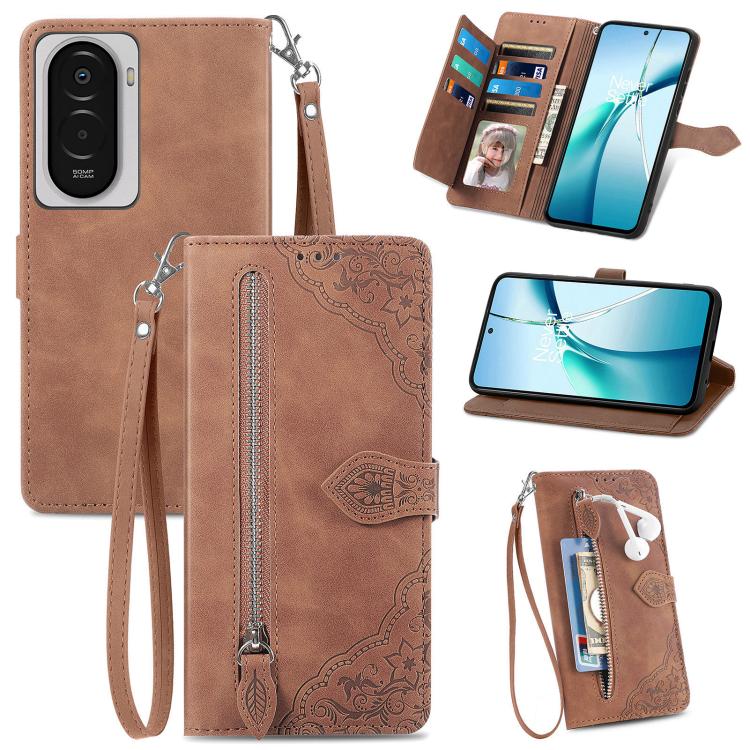 Embossed Flower Zipper Leather Phone Case, For Xiaomi 17 Pro Max, For Xiaomi 17 Pro, For Xiaomi 17, For Xiaomi Poco M7 4G 169mm