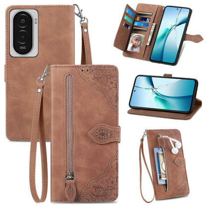 Embossed Flower Zipper Leather Phone Case, For Xiaomi 17 Pro Max, For Xiaomi 17 Pro, For Xiaomi 17, For Xiaomi Poco M7 4G 169mm