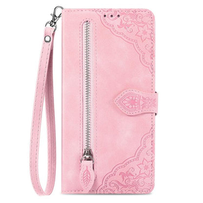 Embossed Flower Zipper Leather Phone Case