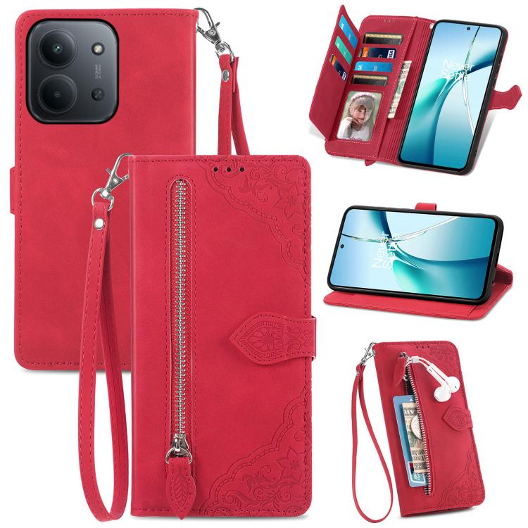 Embossed Flower Zipper Leather Phone Case