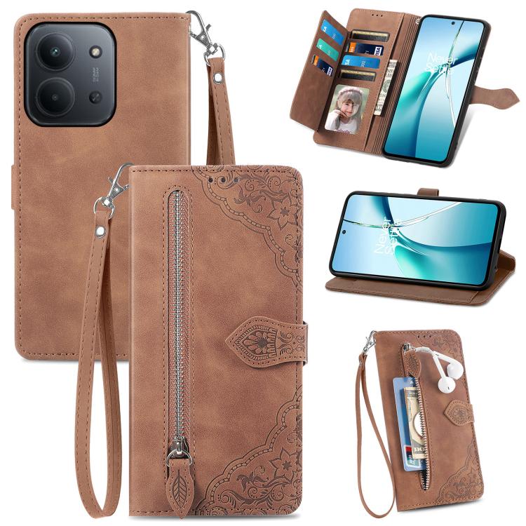 Embossed Flower Zipper Leather Phone Case