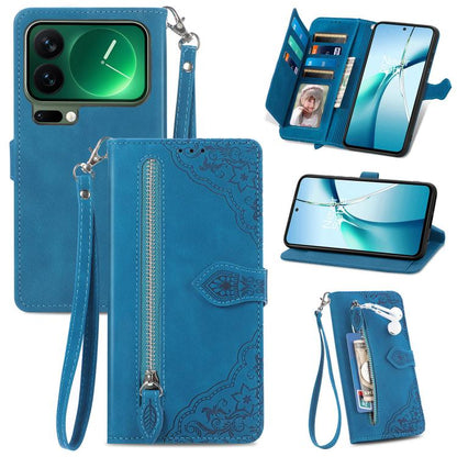 Embossed Flower Zipper Leather Phone Case, For Xiaomi 17 Pro Max, For Xiaomi 17 Pro, For Xiaomi 17, For Xiaomi Poco M7 4G 169mm