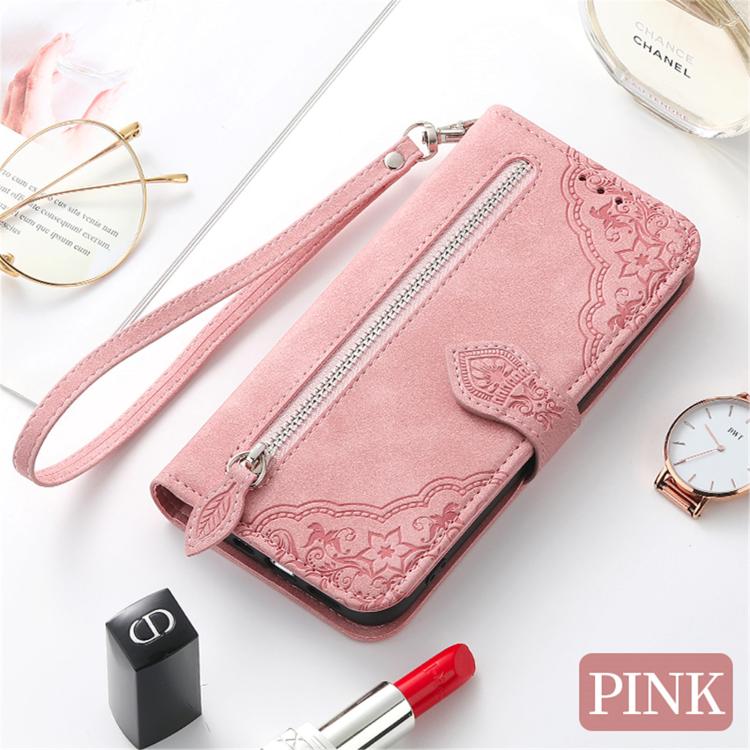 Embossed Flower Zipper Leather Phone Case