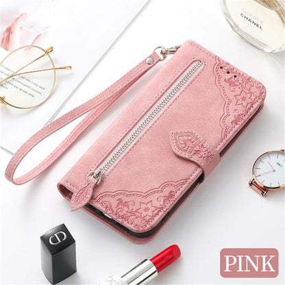 Embossed Flower Zipper Leather Phone Case