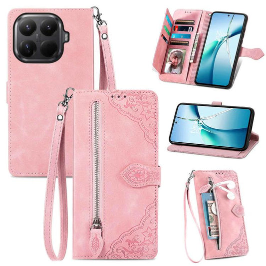 Embossed Flower Zipper Leather Phone Case, For Xiaomi 15T Pro, For Xiaomi 15T, For Xiaomi 15 Ultra, FOr Redmi Turbo 4