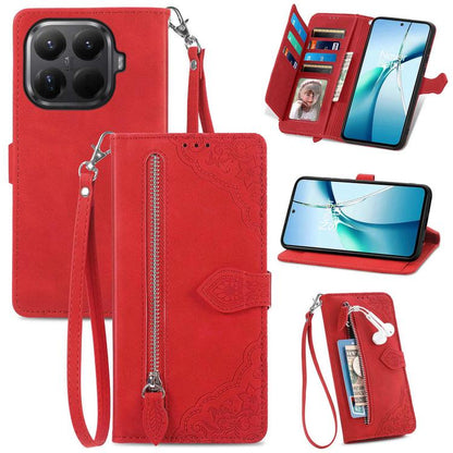 Embossed Flower Zipper Leather Phone Case, For Xiaomi 15T Pro, For Xiaomi 15T, For Xiaomi 15 Ultra, FOr Redmi Turbo 4