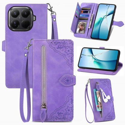 Embossed Flower Zipper Leather Phone Case, For Xiaomi 15T Pro, For Xiaomi 15T, For Xiaomi 15 Ultra, FOr Redmi Turbo 4