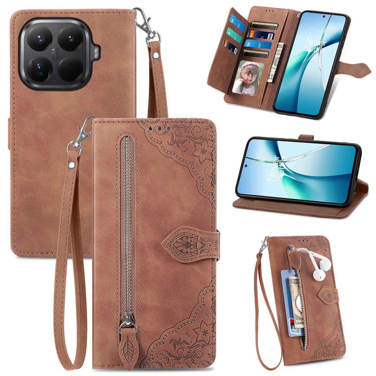 Embossed Flower Zipper Leather Phone Case, For Xiaomi 15T Pro, For Xiaomi 15T, For Xiaomi 15 Ultra, FOr Redmi Turbo 4