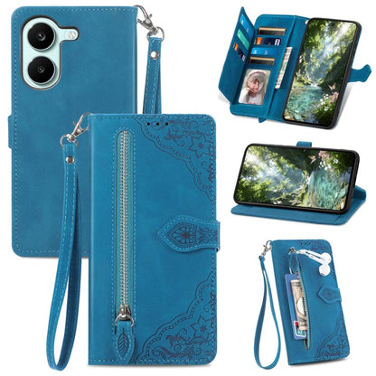 Embossed Flower Zipper Leather Phone Case, For Xiaomi Poco X8 Pro Max 5G, For Xiaomi Poco X8 Pro 5G, For Redmi Turbo 5 Max 5G, For Redmi Turbo 5 5G