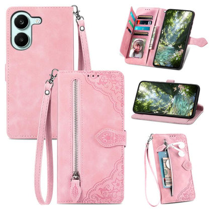 Embossed Flower Zipper Leather Phone Case, For Xiaomi Poco X8 Pro Max 5G, For Xiaomi Poco X8 Pro 5G, For Redmi Turbo 5 Max 5G, For Redmi Turbo 5 5G
